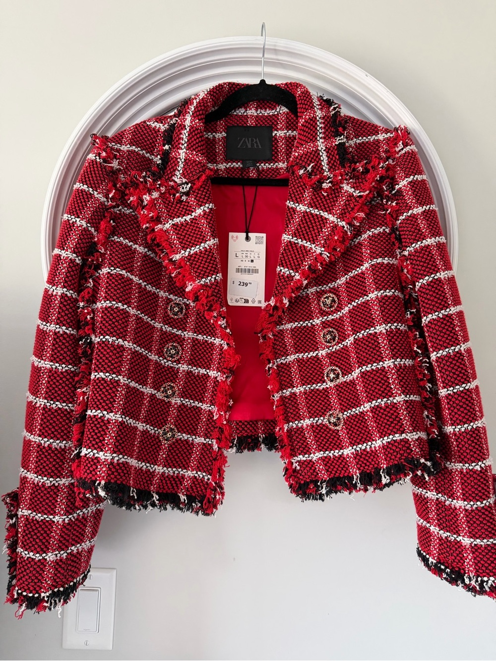 NWT Zara Red Plaid Textured Tweed Fringed Cropped Blazer Jacket Size L